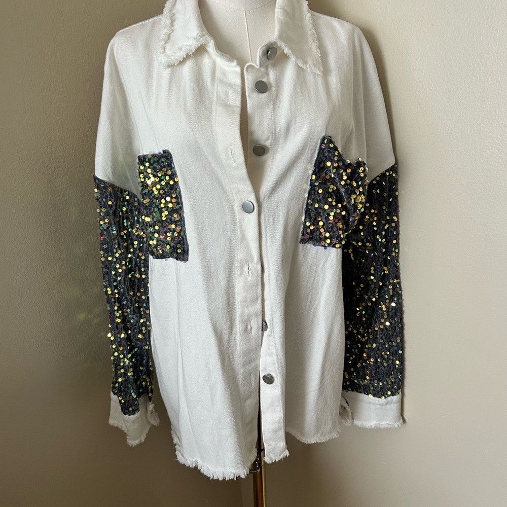 White and Black Sequin Jean Jacket